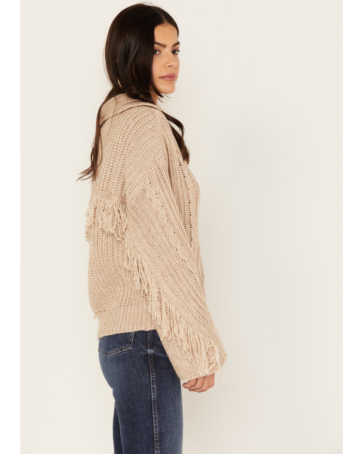 Revel Women's Cable Knit Collared Fringe Sweater