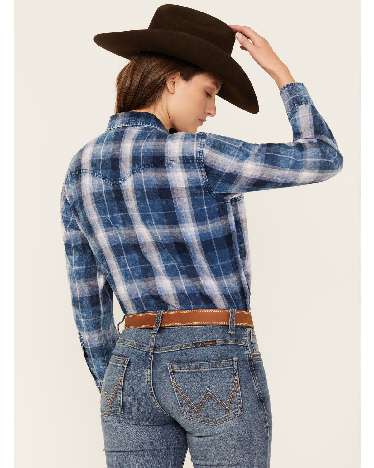 Image #4 - Wrangler Retro Women's Medium Wash Denim Plaid Print Long Sleeve Snap Western Shirt, Medium Wash, hi-res