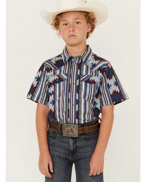 Cody James Boys' Southwestern Striped Short Sleeve Snap Western Shirt, Light Blue, hi-res
