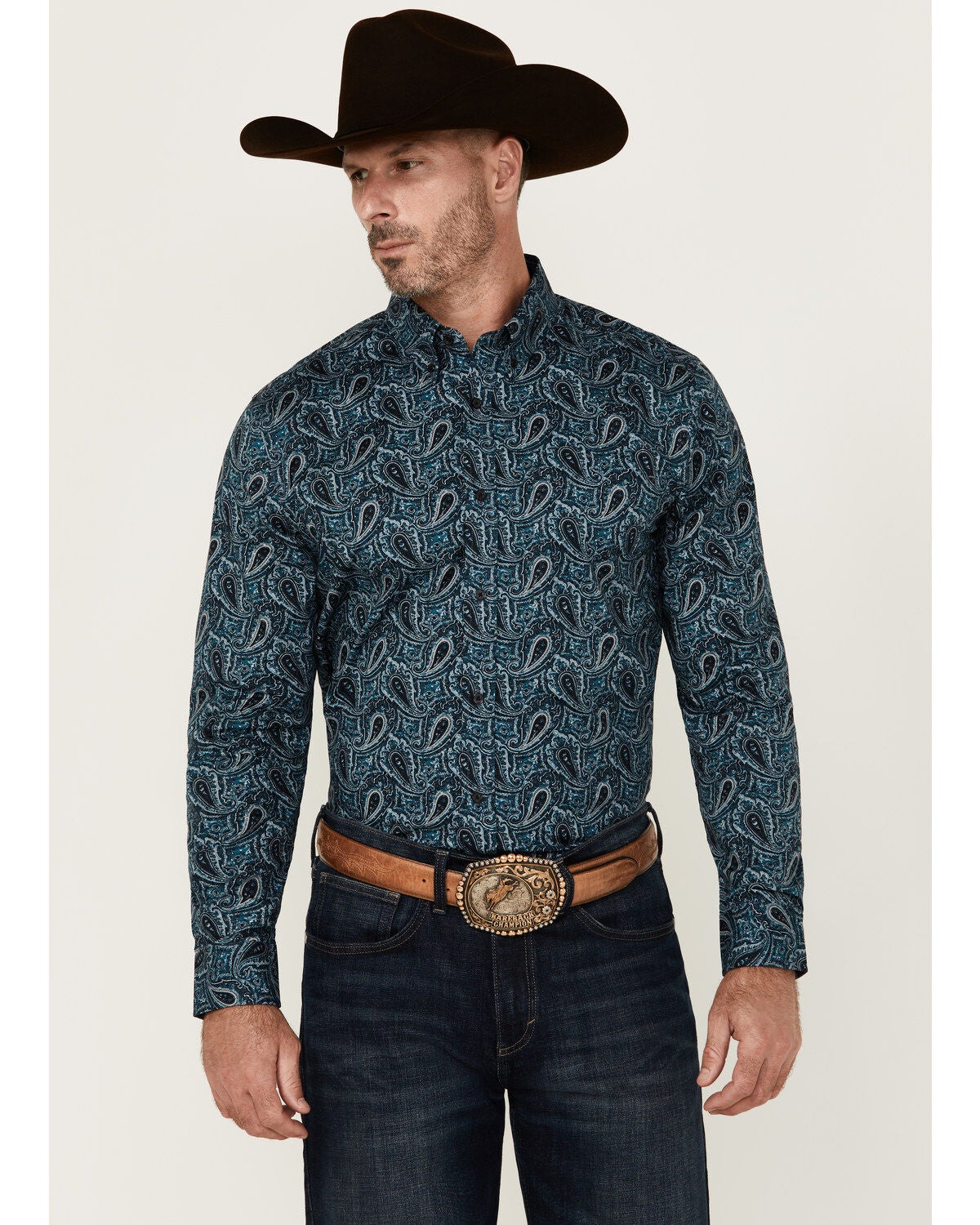 Cody James Men's Lasso Paisley Print Long Sleeve Button-Down Stretch Western Shirt, Blue, hi-res