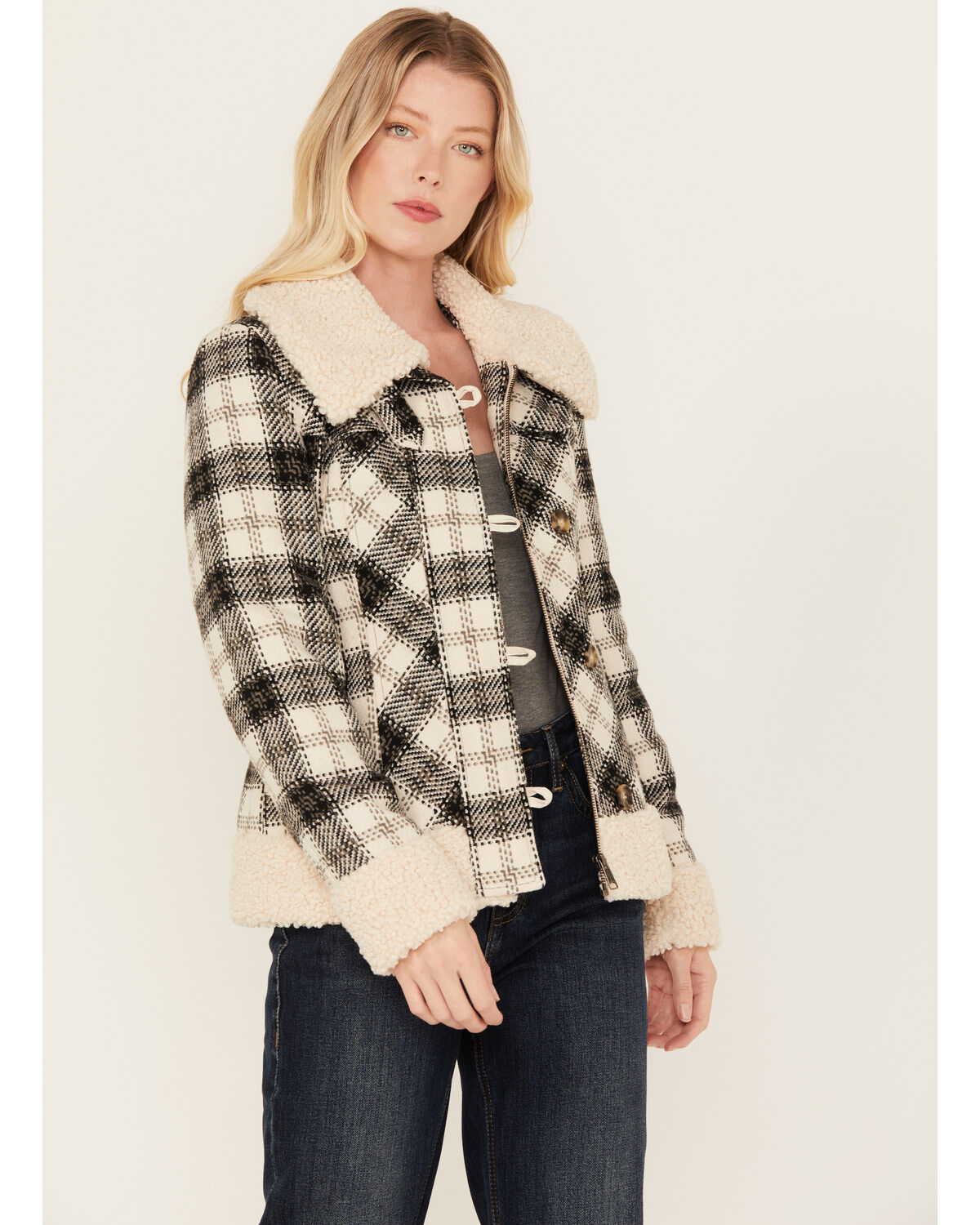 Image #2 - Powder River Outfitters Women's Plaid Print Berber Wool Jacket, Natural, hi-res