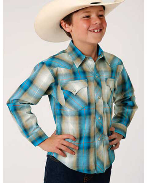Image #1 -  West Made Boys' Tide Pool Dobby Plaid Long Sleeve Western Shirt , , hi-res
