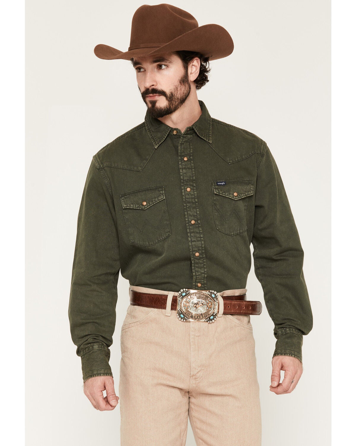 Wrangler Men's Solid Long Sleeve Snap Denim Western Shirt, Olive, hi-res