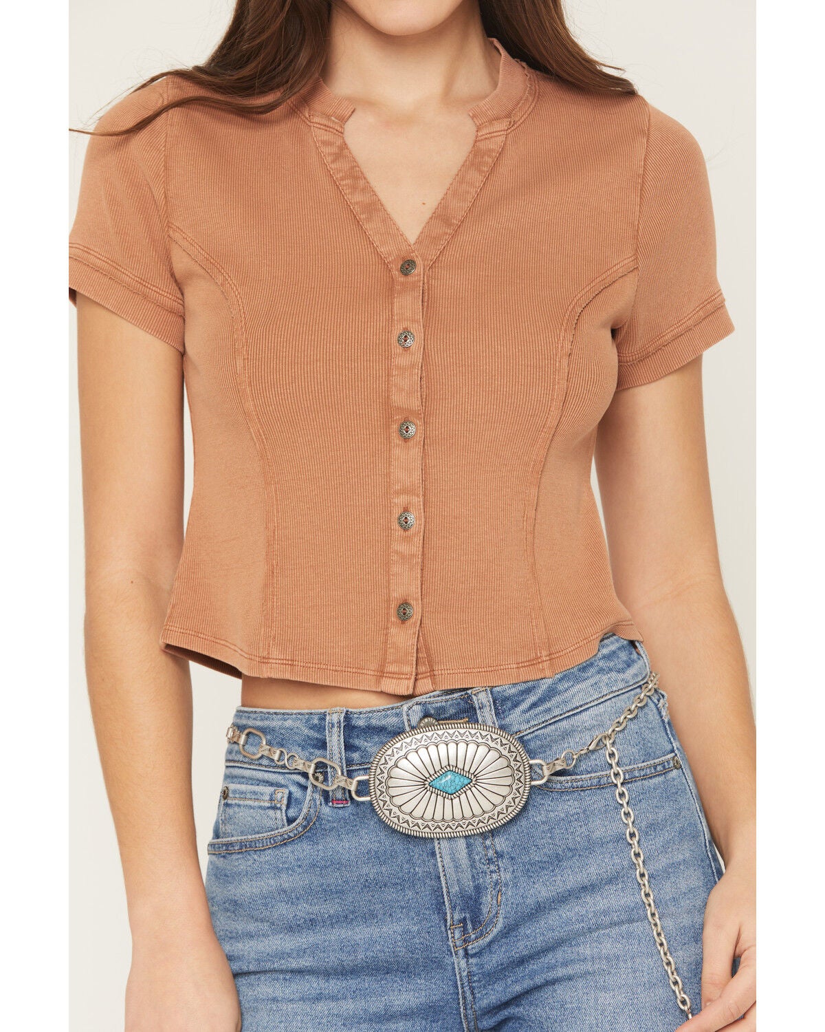 Image #3 - Idyllwind Women's Frisco Solid Short Sleeve Button-Down Rib Knit Shirt, Caramel, hi-res