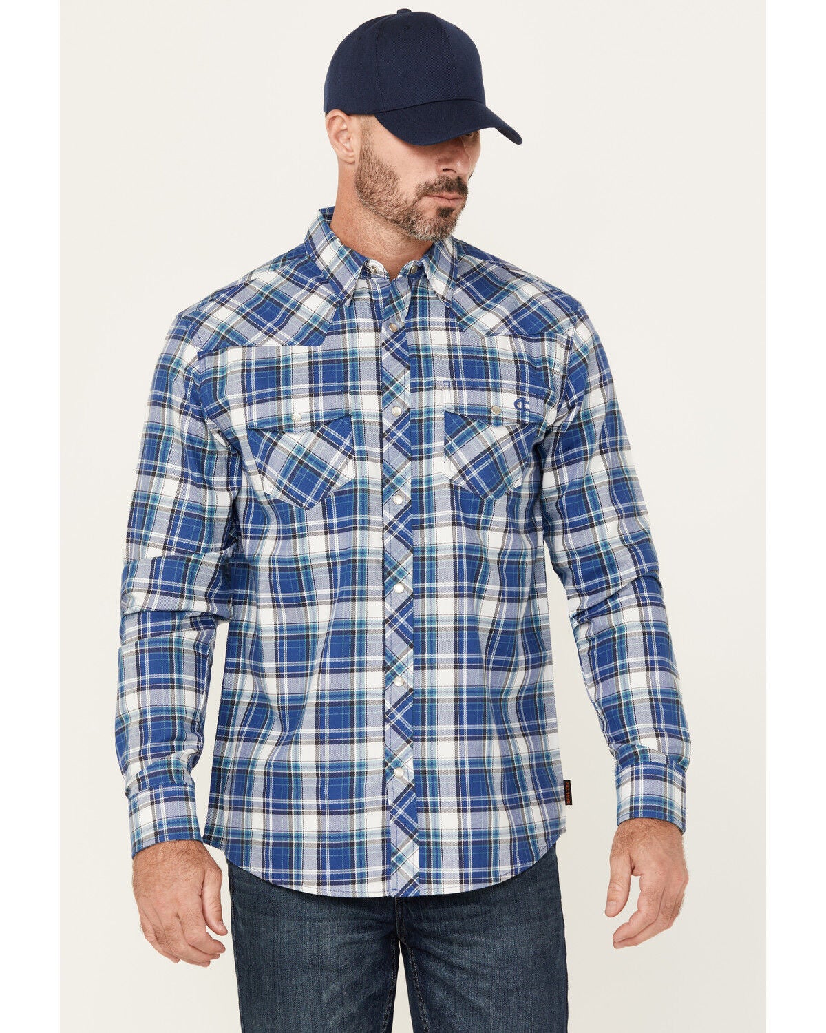 Cody James Men's FR Plaid Print Long Sleeve Pearl Snap Flannel Work Shirt, Navy, hi-res