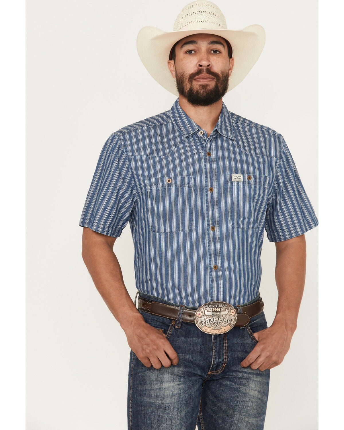 Kimes Ranch Men's Shifter Striped Print Short Sleeve Button-Down Western Shirt, Indigo, hi-res
