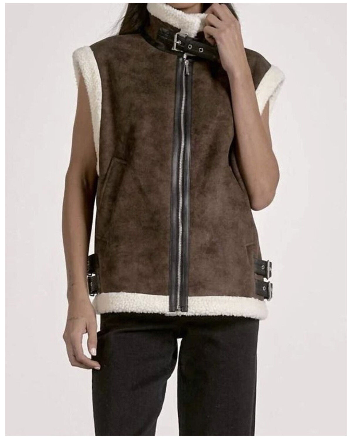 Elan Women's Sherpa Lined Moto Vest, Dark Brown, hi-res