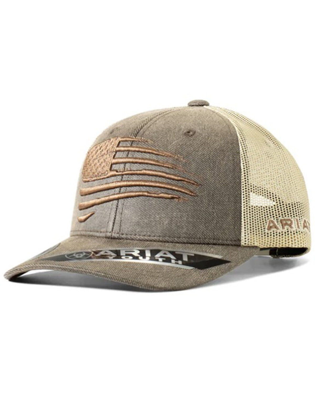 Image #1 - Ariat Kids' Distressed Flag Ball Cap, Brown, hi-res