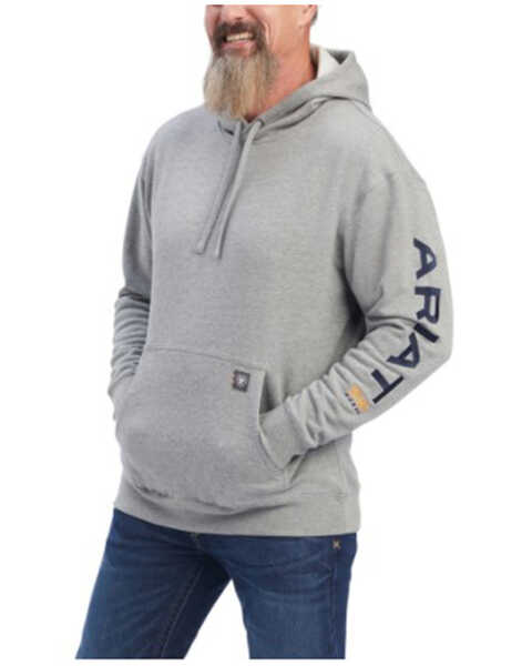 Ariat Men's Rebar Logo Sleeve Graphic Hooded Work Sweatshirt , Grey, hi-res