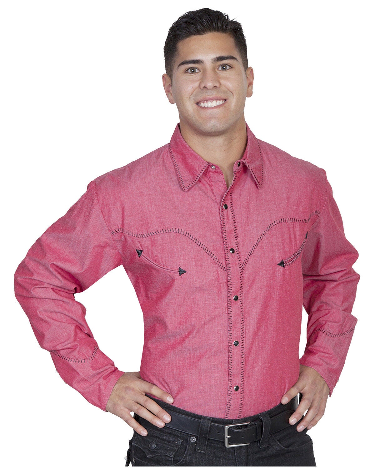 Scully Men's Solid Whipstitch Denim Retro Long Sleeve Western Shirt, Red, hi-res