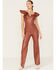 Flying Tomato Women's Faux Leather Flare Jumpsuit, Rust Copper, hi-res