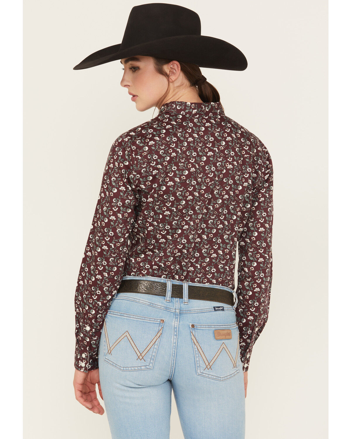 Image #4 - Wrangler Retro Women's Floral Print Long Sleeve Snap Western Shirt, Burgundy, hi-res
