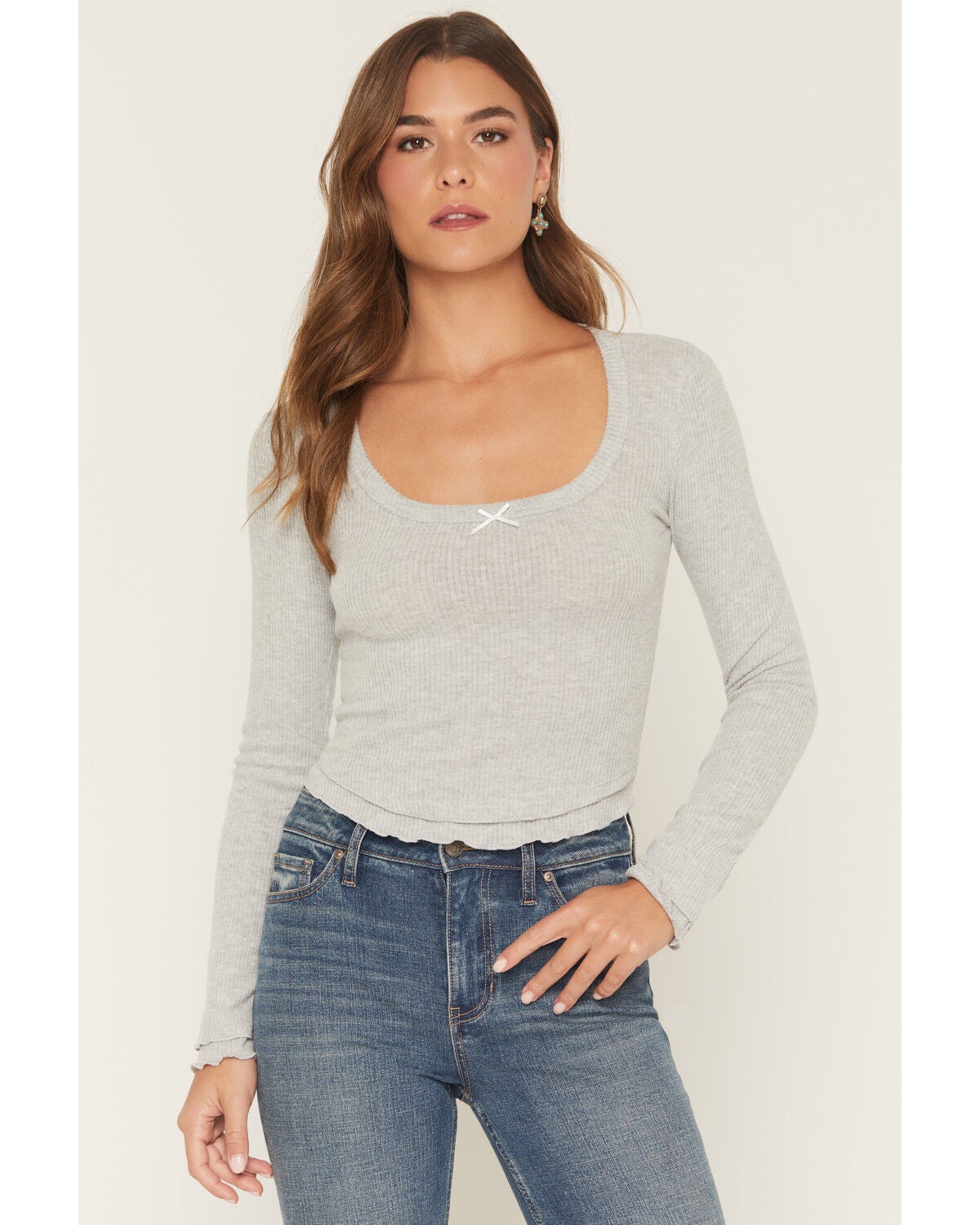 Wild Moss Women's Bow Long Sleeve Top, Grey, hi-res