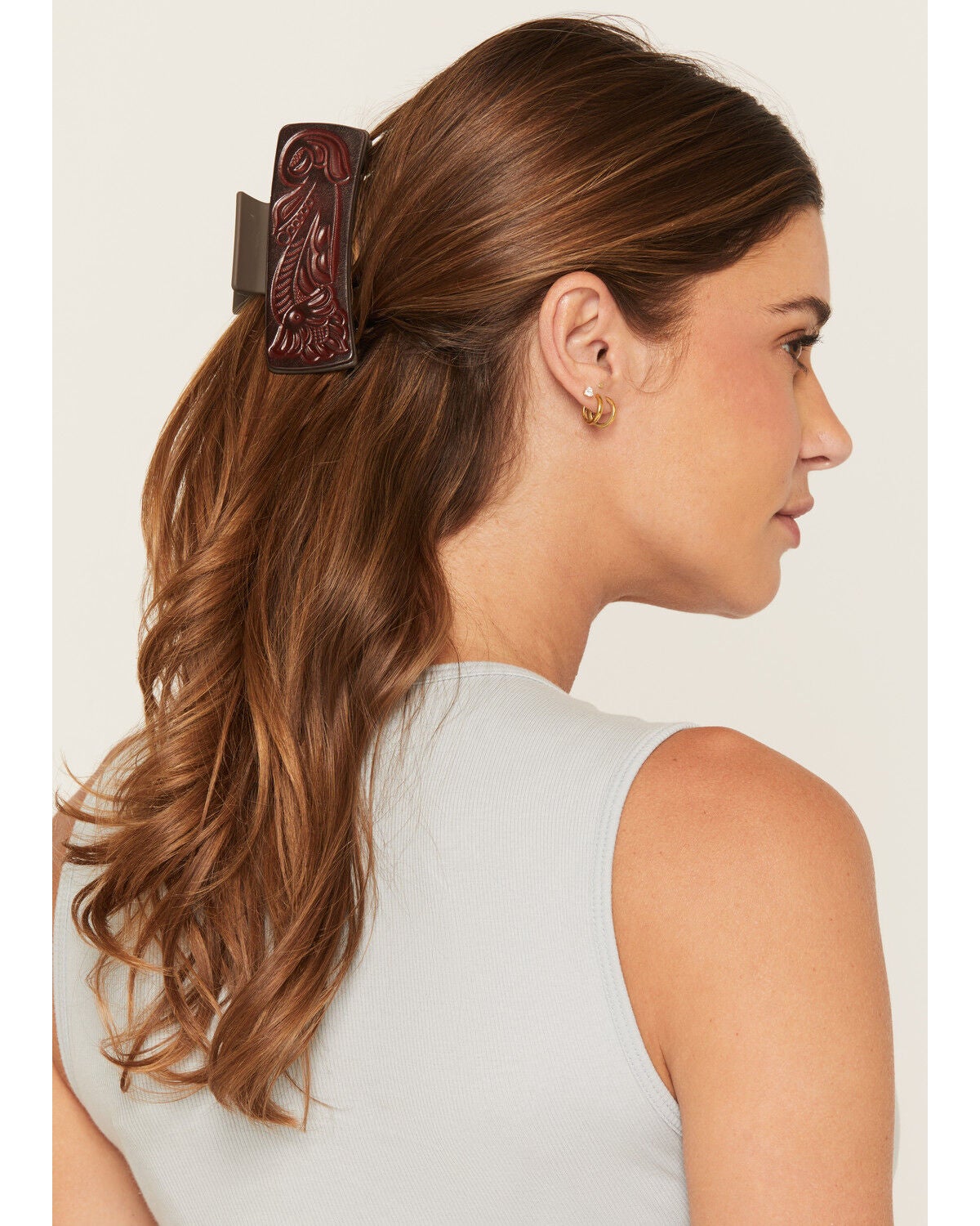 Shyanne Women's Tooled Leather Claw Clip, Brown, hi-res