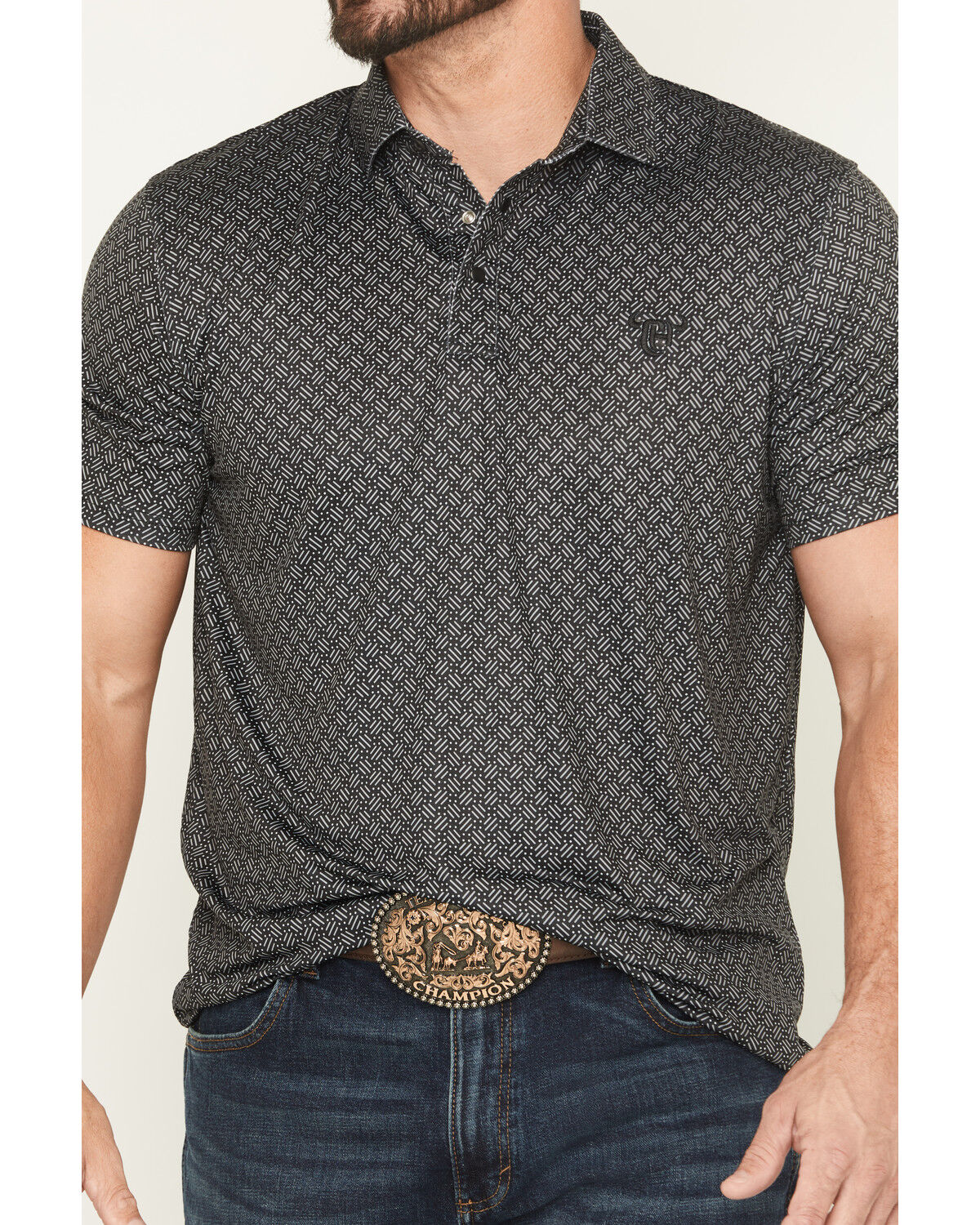 Image #3 - Cowboy Hardware Men's Geo Print Short Sleeve Snap Polo, Black, hi-res