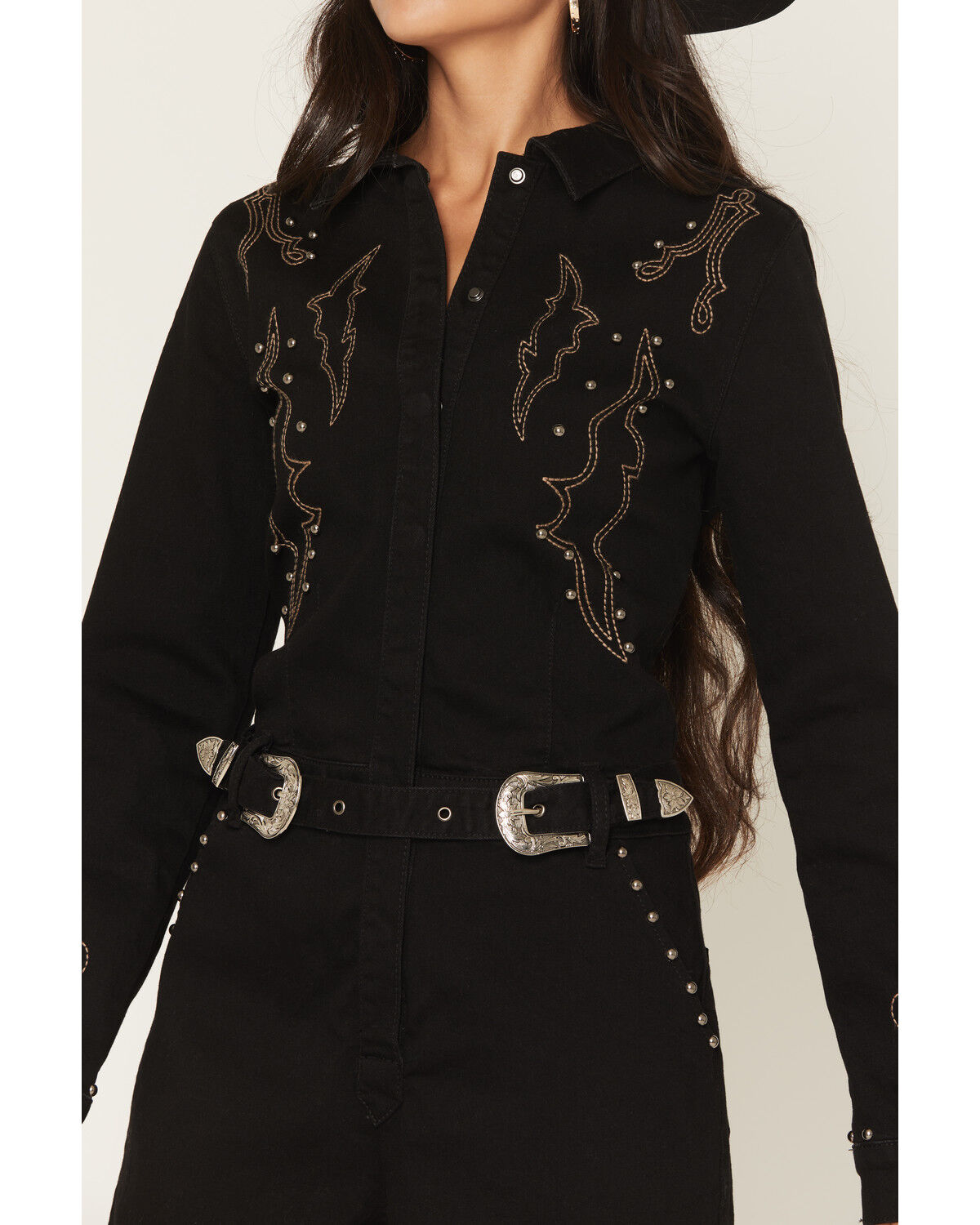 Image #3 - Rock & Roll Denim Women's Western Embroidered Long Sleeve Snap Romper, Black, hi-res