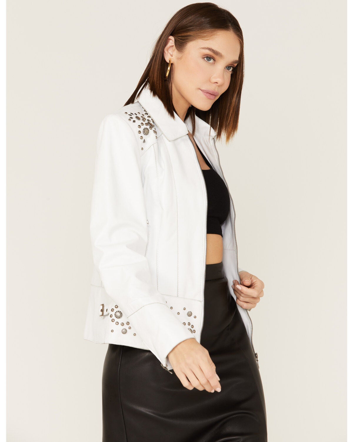 Sidran Women's Studded Moto Leather Jacket, White, hi-res