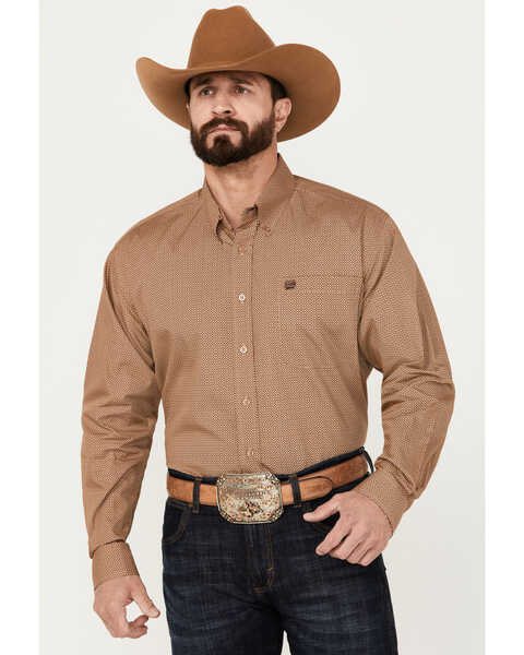 Cinch Men's Geo Print Long Sleeve Button Down Western Shirt, Brown, hi-res