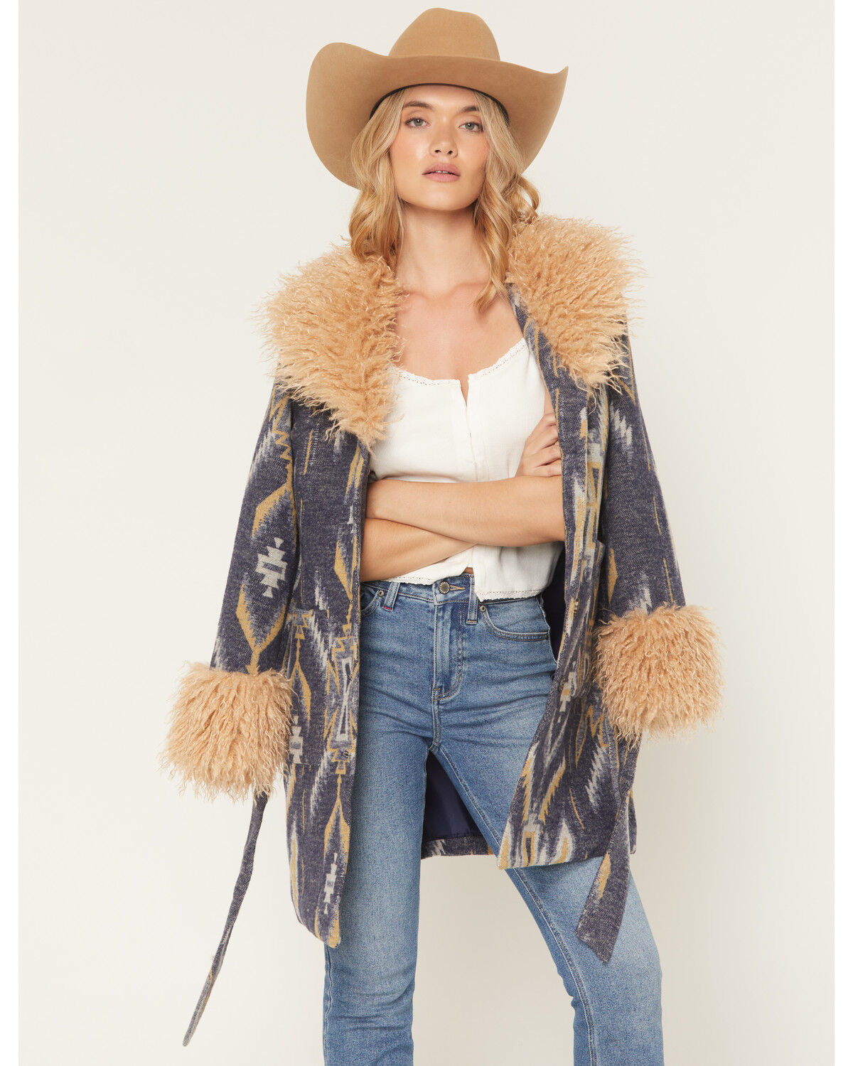 Image #3 - Idyllwind Women's Maxey Fur Trim Long Jacket, Indigo, hi-res