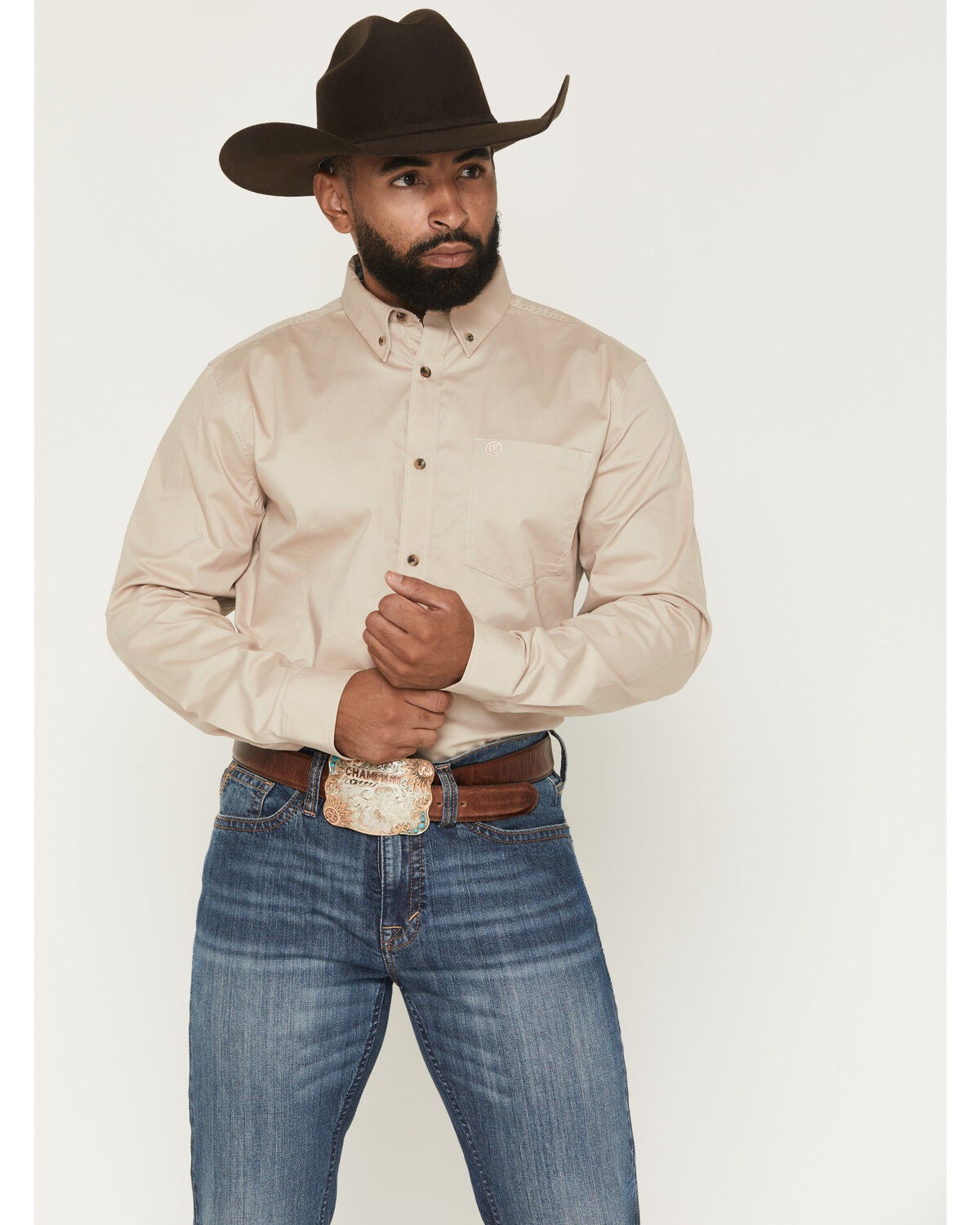 Cody James Men's Basic Solid Long Sleeve Button-Down Stretch Western Shirt - Big, Tan, hi-res