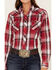 Roper Women's Plaid Print Long Sleeve Snap Western Shirt, Red, hi-res