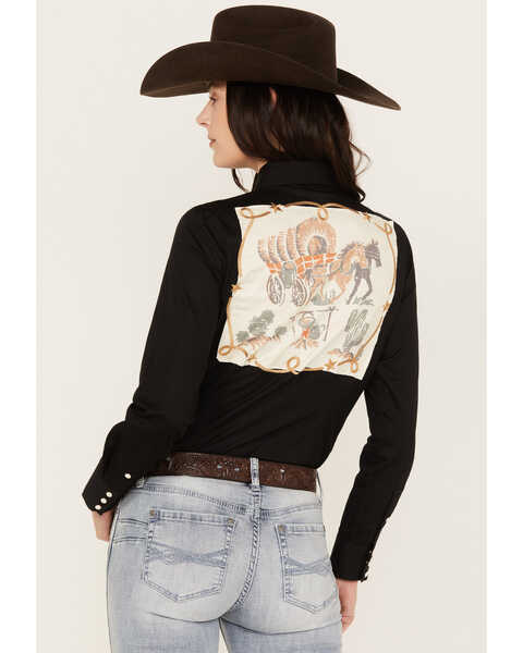 Panhandle Women's Retro Graphic Long Sleeve Western Pearl Snap Shirt, Black, hi-res