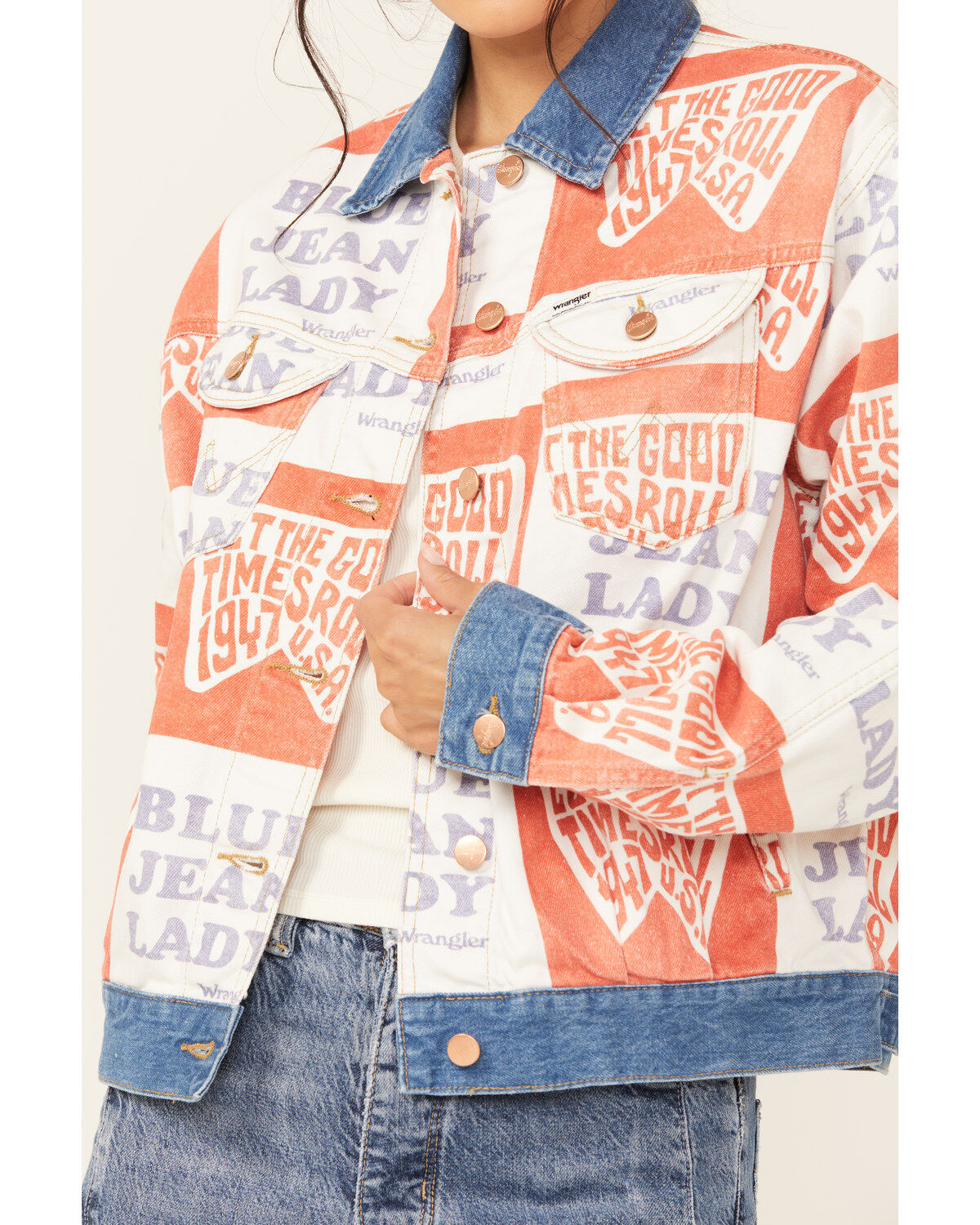 Image #3 - Wrangler Women's Blue Jean Lady Printed Denim Jacket, Red/white/blue, hi-res