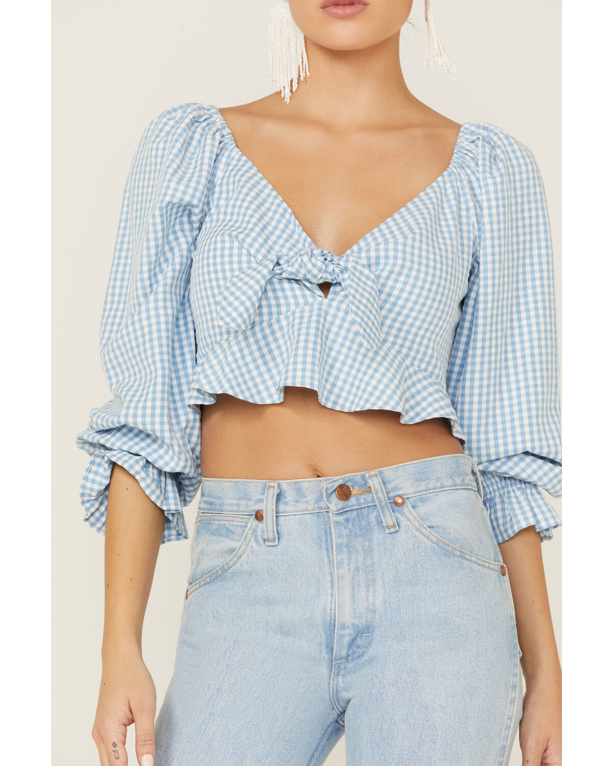 Image #2 - Beyond The Radar Women's Gingham Tie Front Crop Blouse, Blue, hi-res