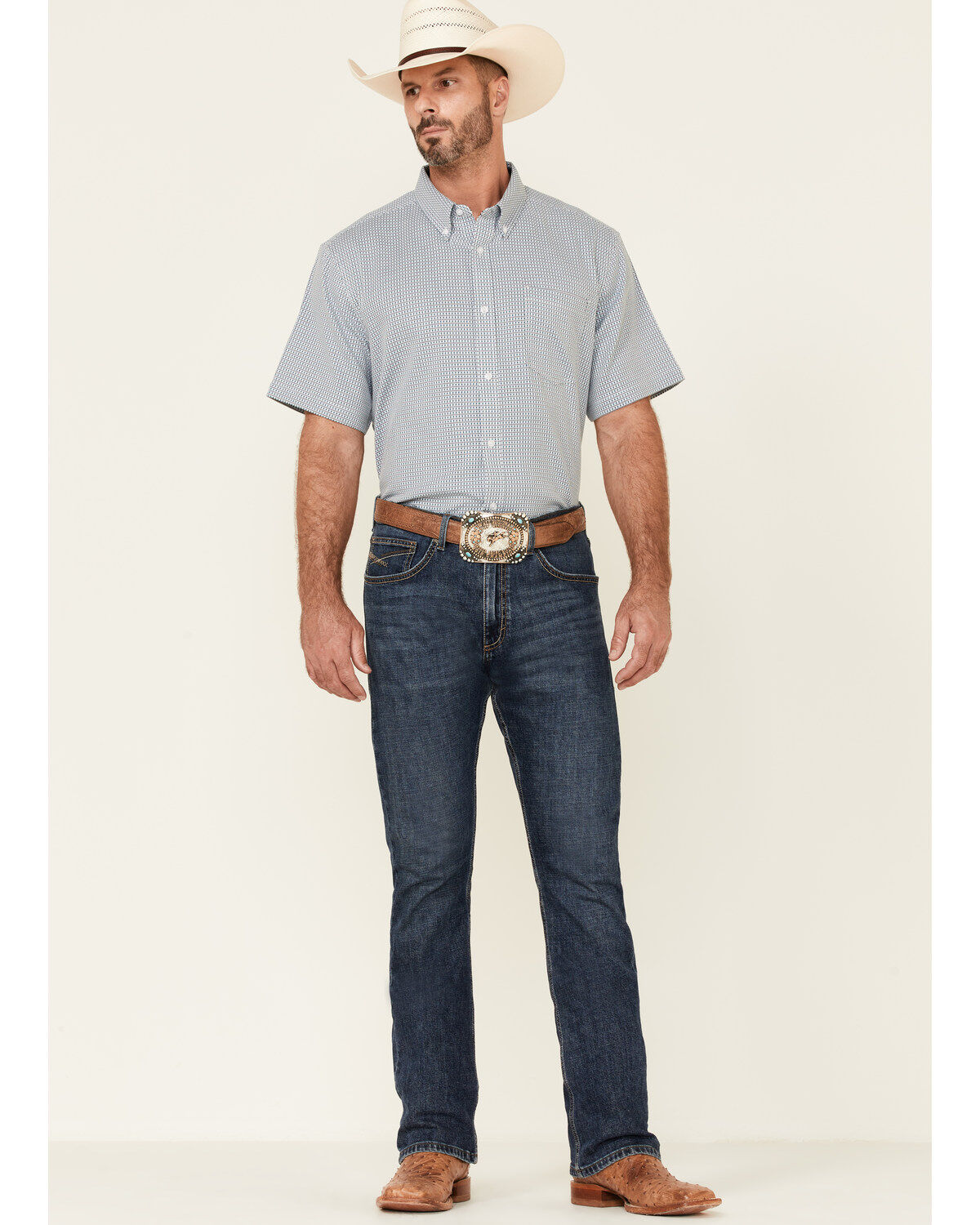 Image #2 - Cody James Core Men's Clovis Dobby Geo Print Short Sleeve Button Down Western Shirt, Blue, hi-res