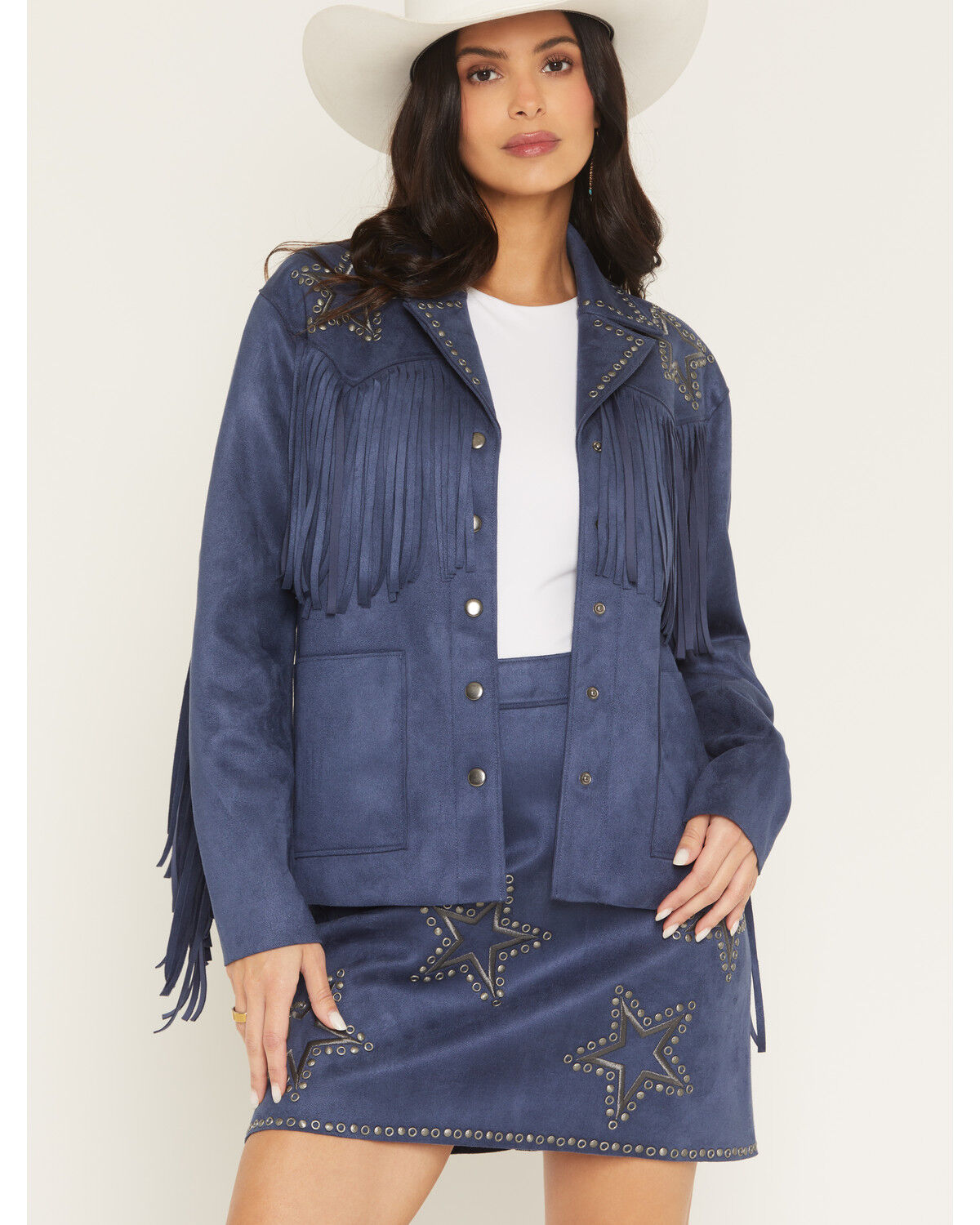 Image #1 - Idyllwind Women's Lonestar Fringe and Studded Faux Suede Jacket, Dark Blue, hi-res