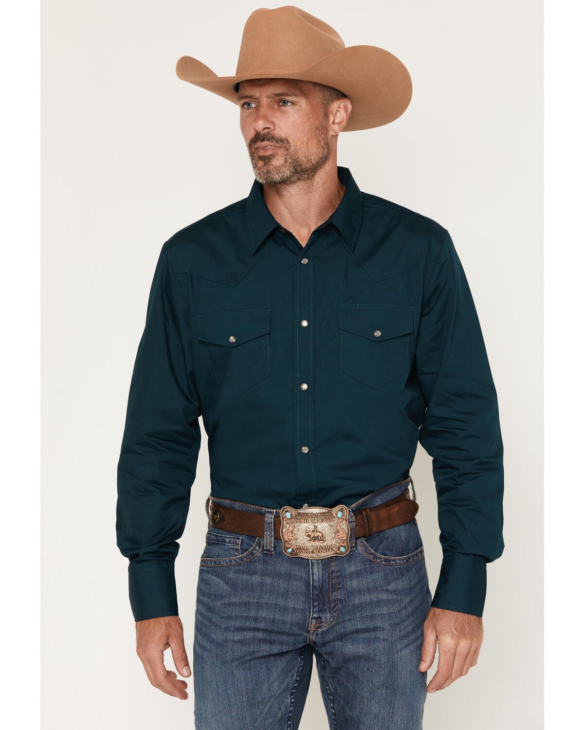 Gibson Trading Co Men's Basic Solid Long Sleeve Pearl Snap Western Shirt - Tall, Dark Teal, hi-res