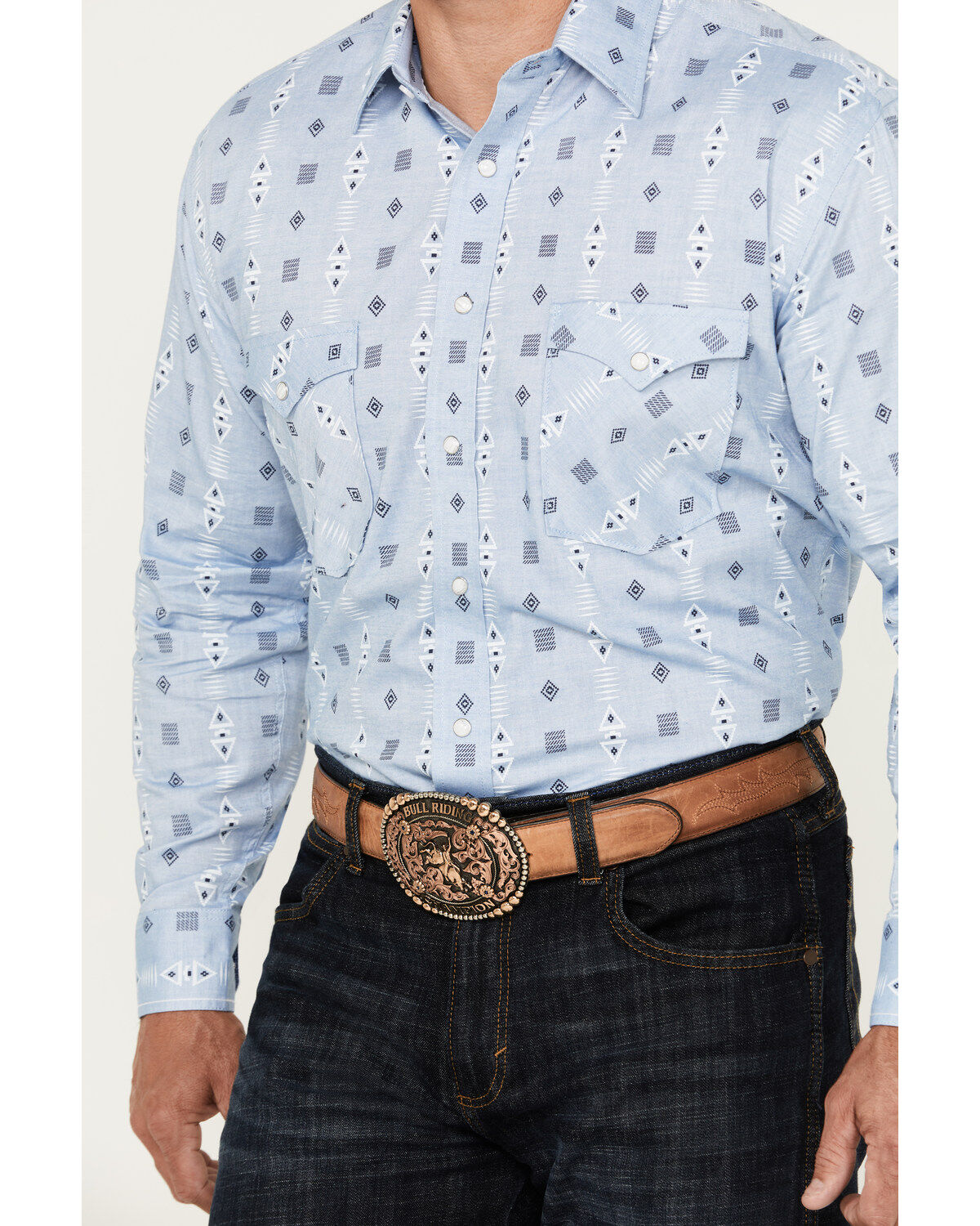 Image #3 - Rough Stock by Panhandle Men's Chambray Southwestern Print Long Sleeve Snap Western Shirt, , hi-res