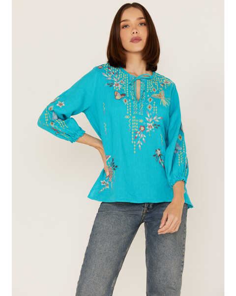 Johnny Was Women's Embroidered Mariposa Blouse, Blue, hi-res