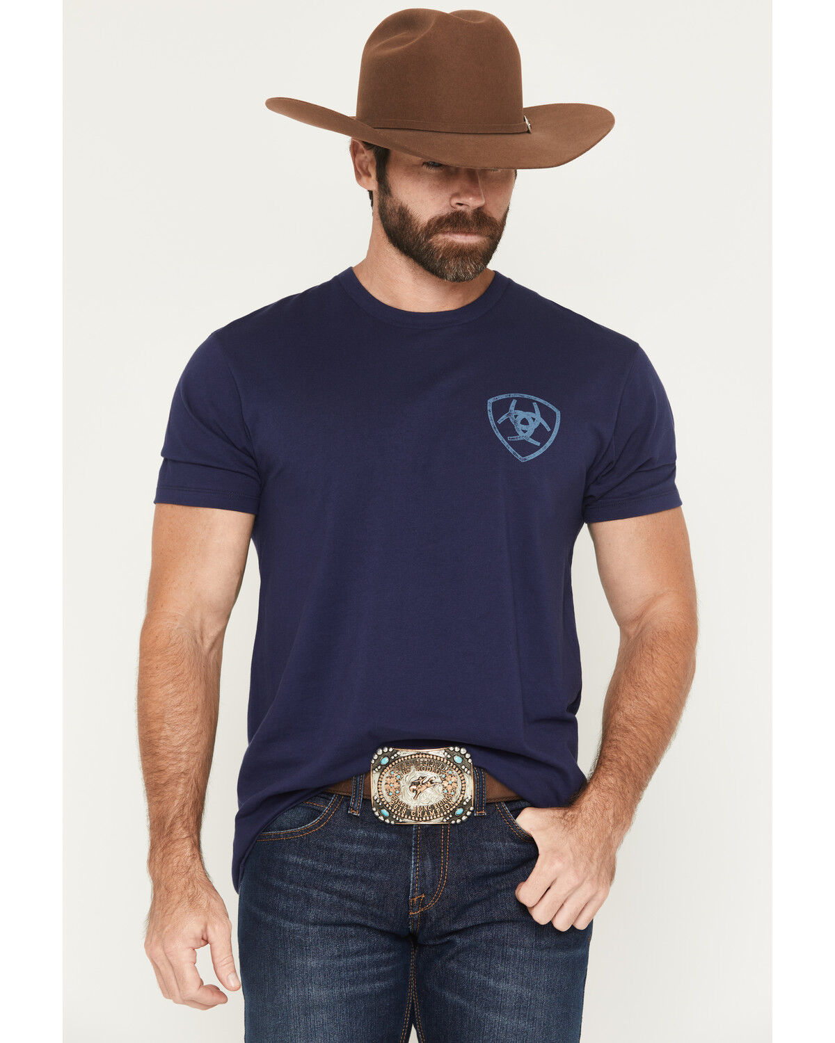Image #1 - Ariat Men's Vertical Logo Short Sleeve Graphic T-Shirt, Blue, hi-res