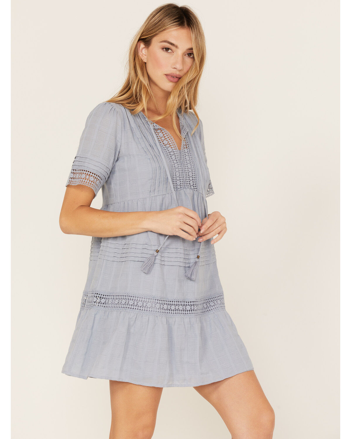 Image #1 - Jolt Women's Crochet Trim Tassel Short Sleeve Mini Dress, , hi-res