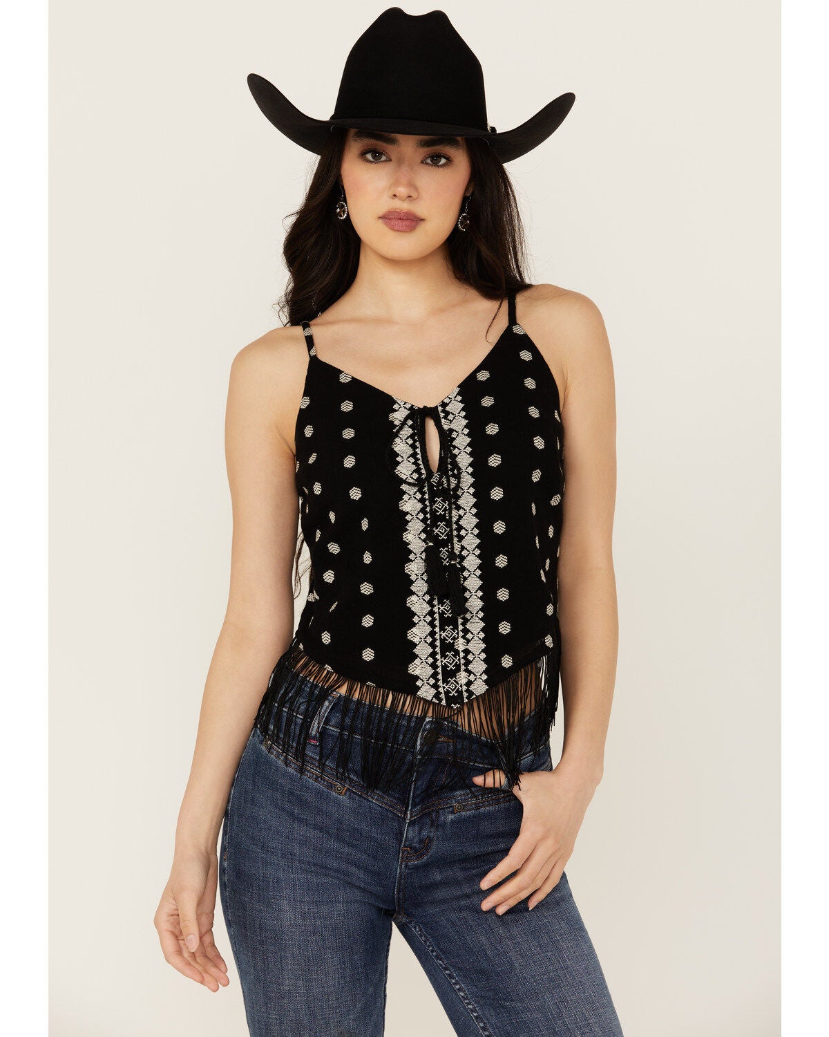 Idyllwind Women's Sunnett Embroidered Fringe Hanky Hem Tank, Black, hi-res