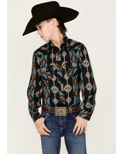 Rock & Roll  Denim Boys' Southwestern Striped Print Long Sleeve Snap Western Stretch Shirt, Turquoise, hi-res