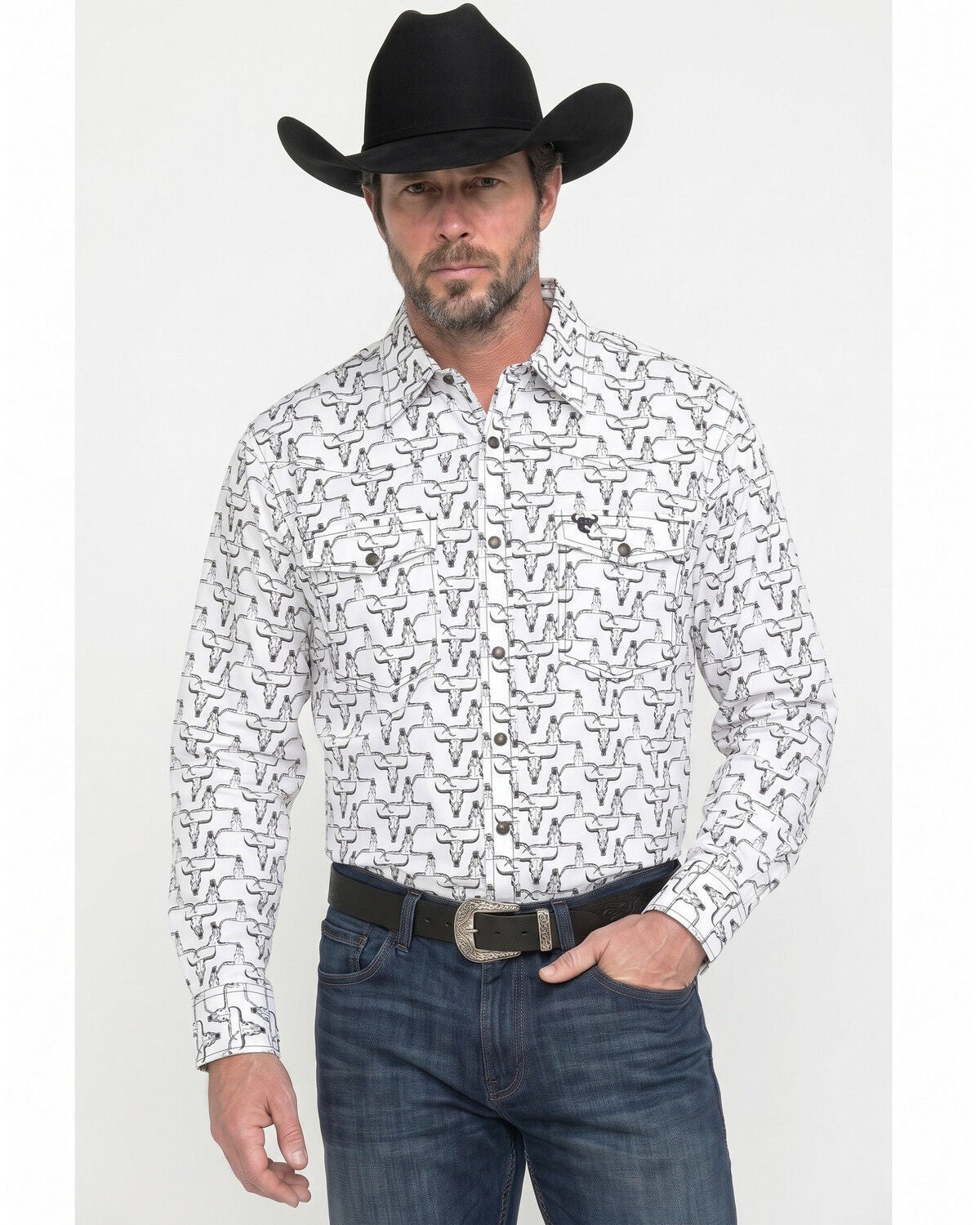 Cowboy Hardware Men's Hombre Skull Print Long Sleeve Snap Stretch Western Shirt, White, hi-res