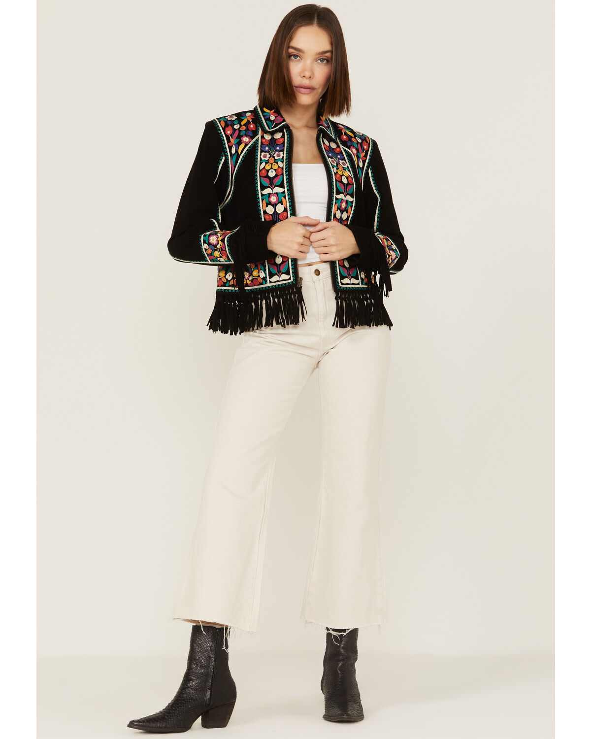 Image #2 - Double D Ranch Women's Justyna Embroidered Fringe Suede Jacket, Black, hi-res