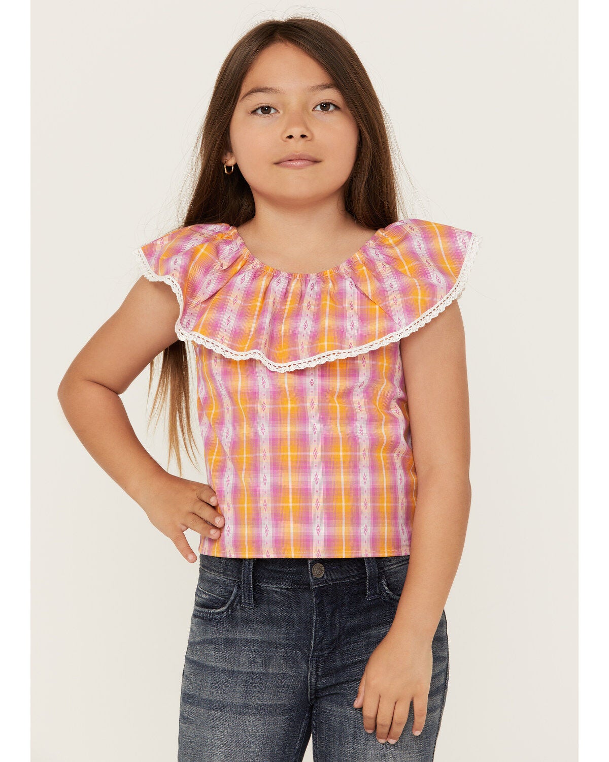Shyanne Girls' Grid Plaid Print Ruffle Top, Grape, hi-res
