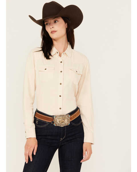 Ariat Women's R.E.A.L Jurlington Solid Long Sleeve Snap Western Shirt, Cream, hi-res
