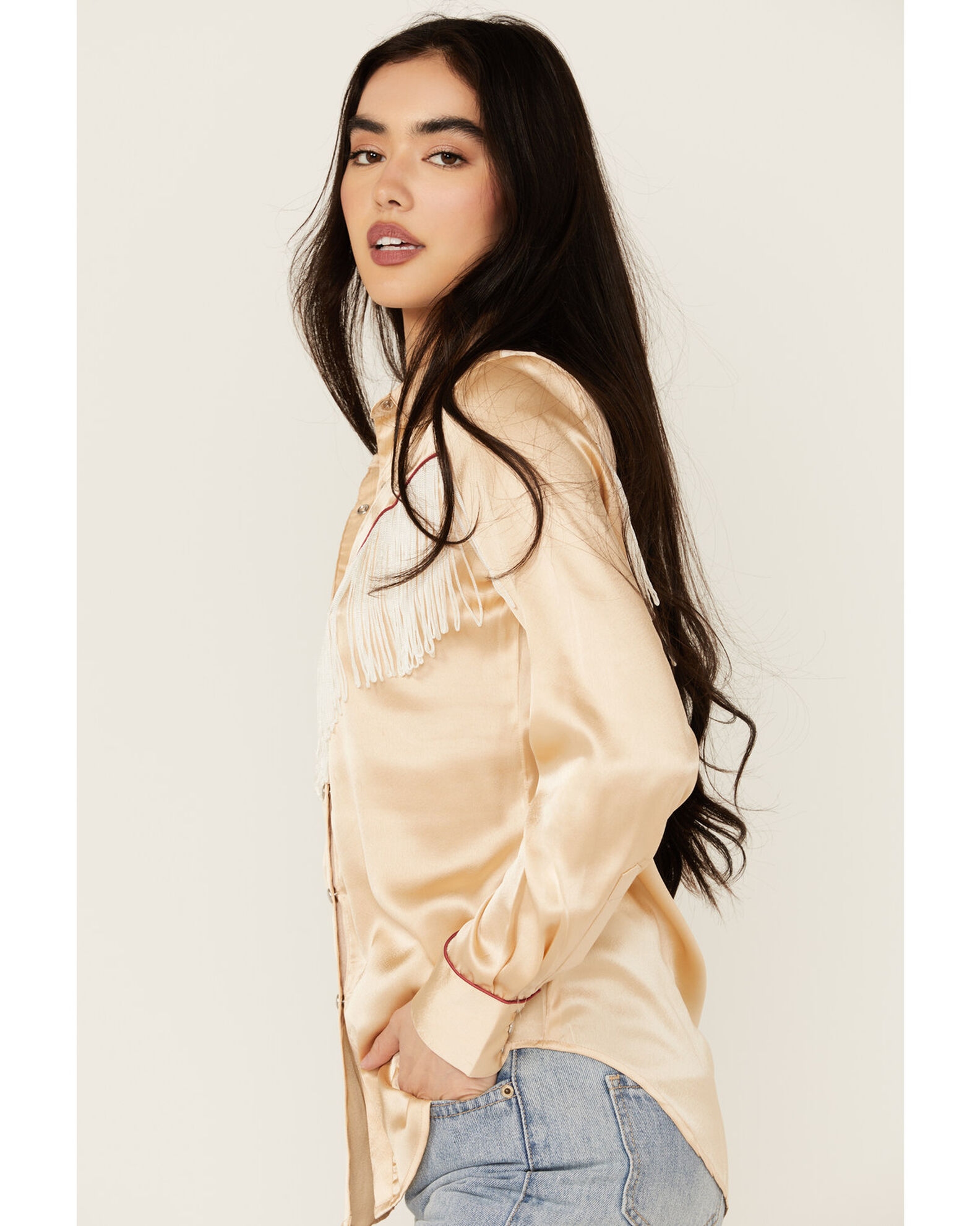 Image #2 - Scully Women's Fringe Long Sleeve Snap Western Shirt, Tan, hi-res