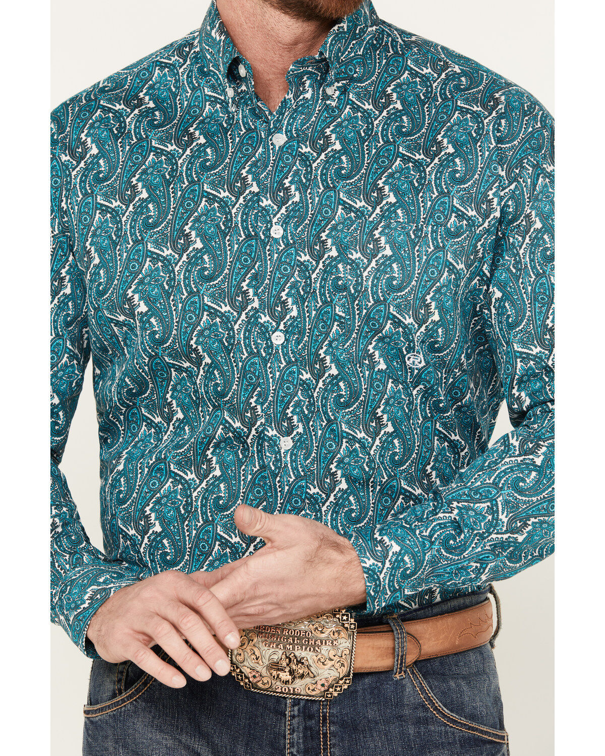Image #3 - Roper Men's Amarillo Paisley Print Long Sleeve Button-Down Western Shirt, Teal, hi-res