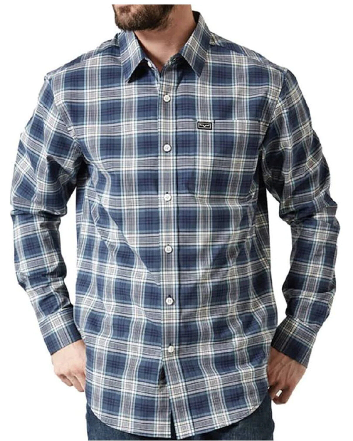 Image #1 - Kimes Ranch Men's Aldrich Plaid Print Long Sleeve Button-Down Performance Western Shirt, Navy, hi-res