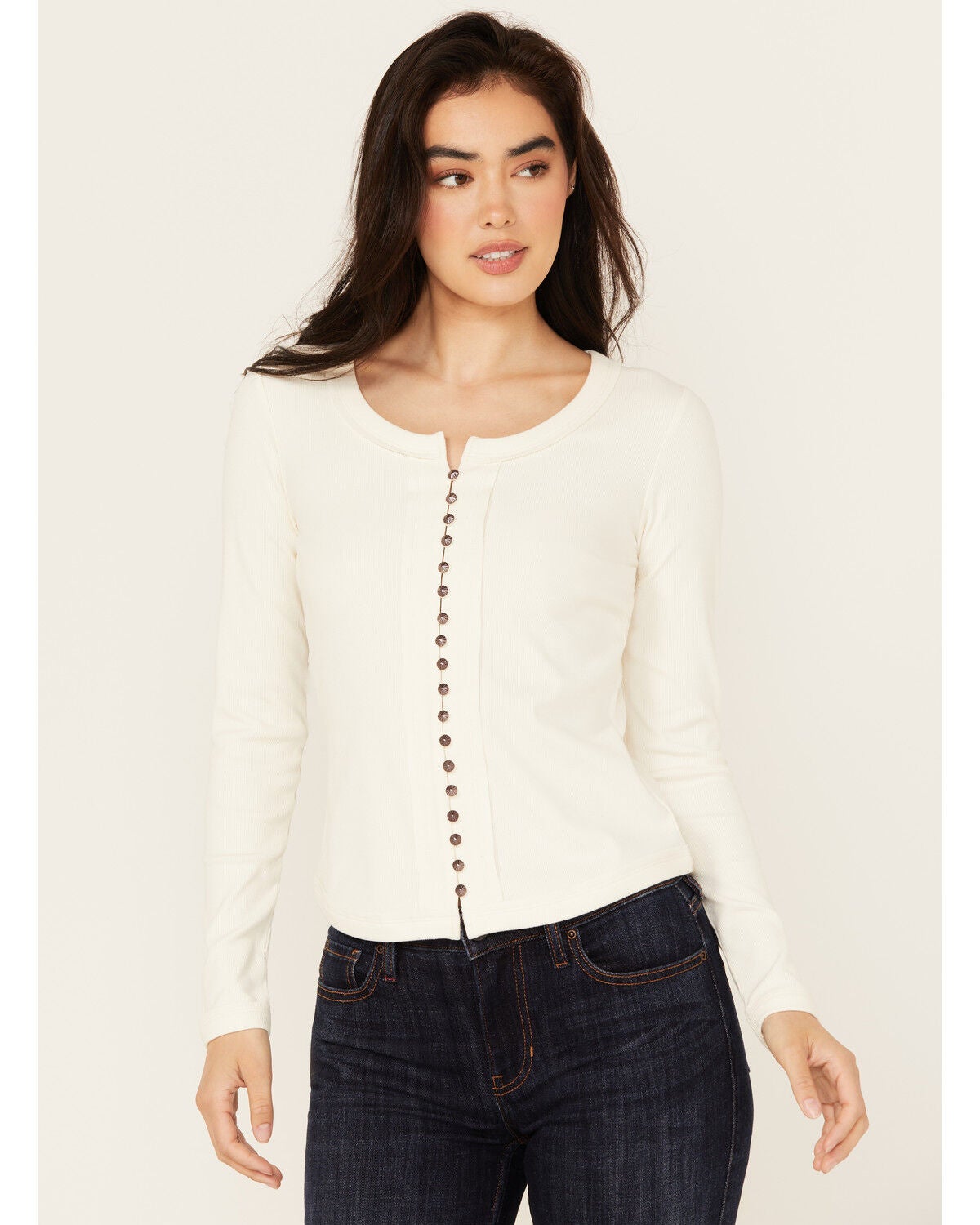 Idyllwind Women's Rib Knit Long Sleeve Button-Down Shirt, Ivory, hi-res