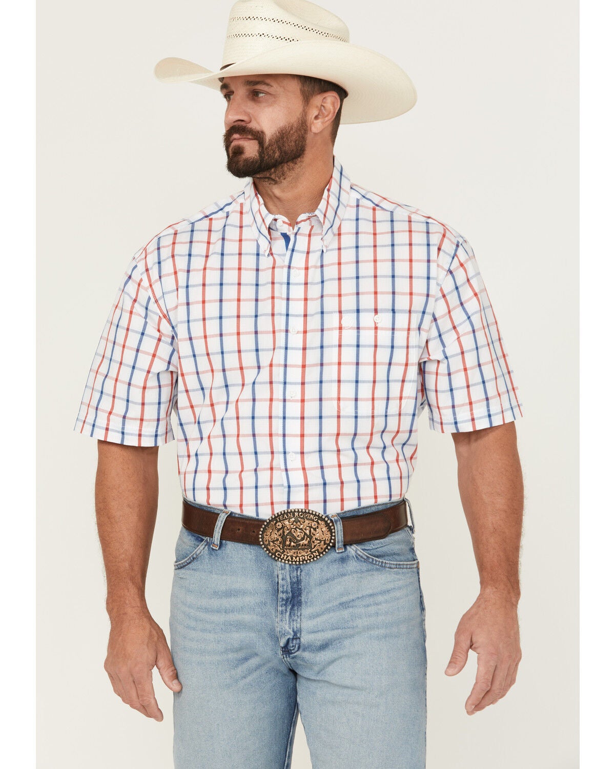 George Strait by Wrangler Men's Plaid Print Short Sleeve Button-Down Western Shirt - Big, White, hi-res