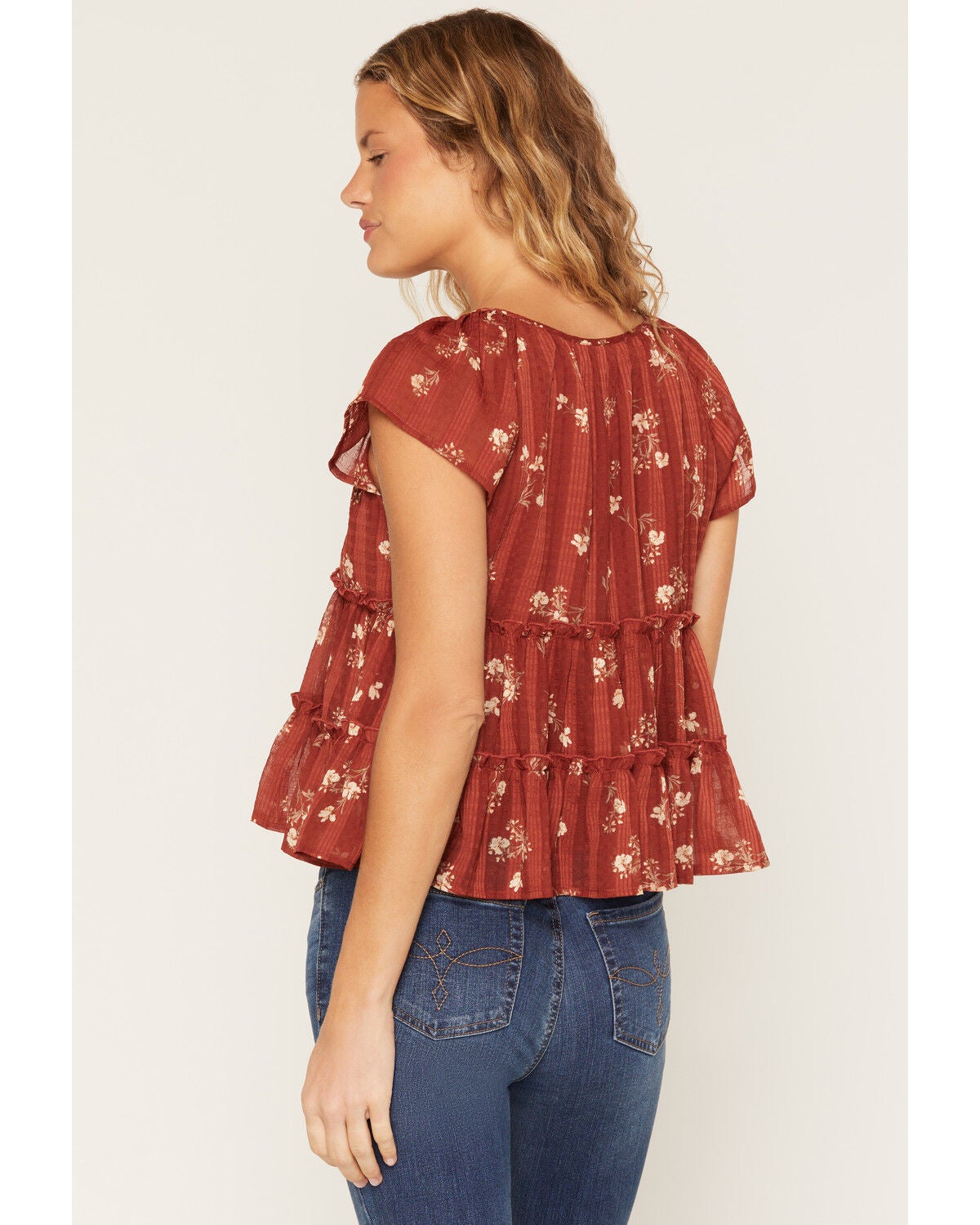 Image #4 - Ash & Violet Women's Boot Barn Exclusive Floral Print Tie Front Tiered Blouse, Copper, hi-res