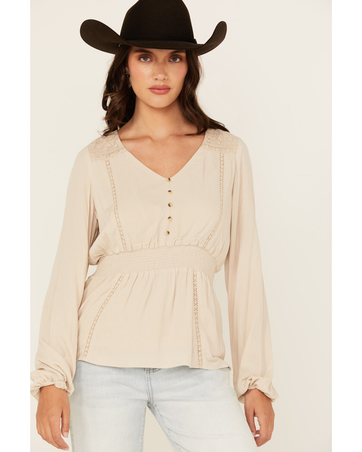 Image #1 - Shyanne Women's Lace Long Sleeve Button-Down Shirt, Natural, hi-res