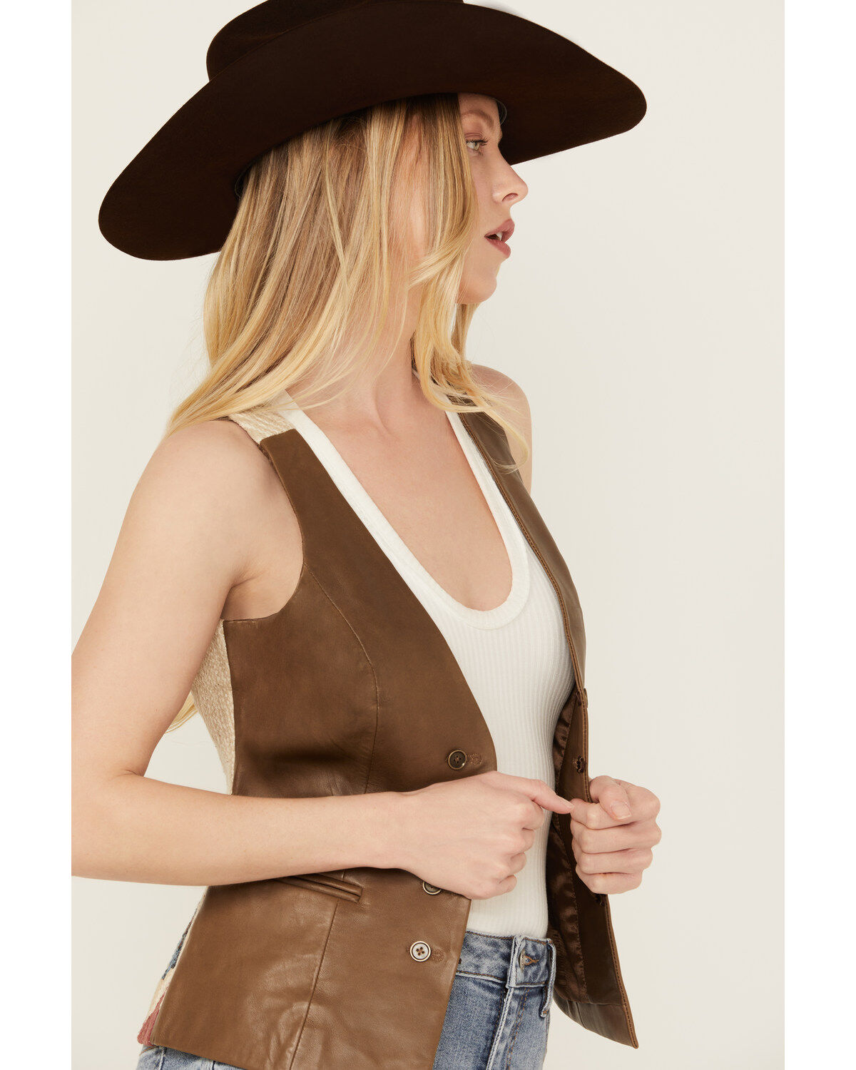 Image #2 - Shyanne Women's Southwestern Print Tapestry Leather Vest, , hi-res