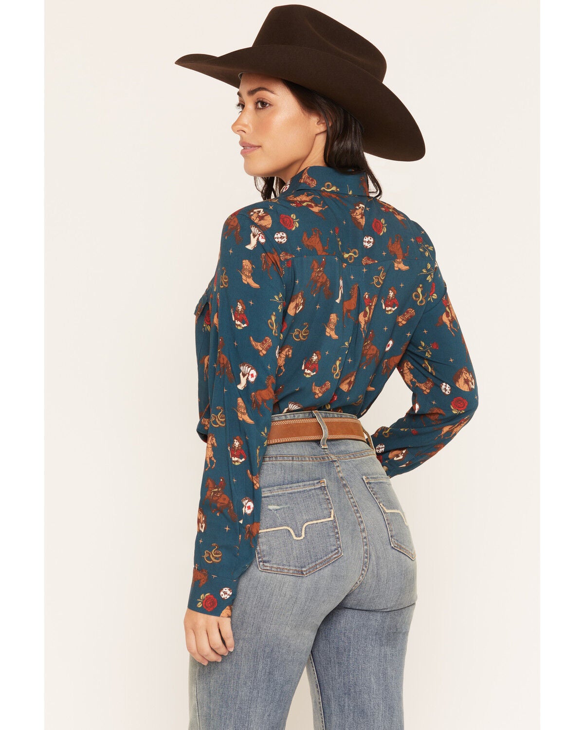 Image #4 - Rock & Roll Denim Women's Western Conversational Print Long Sleeve Snap Western Shirt, Teal, hi-res